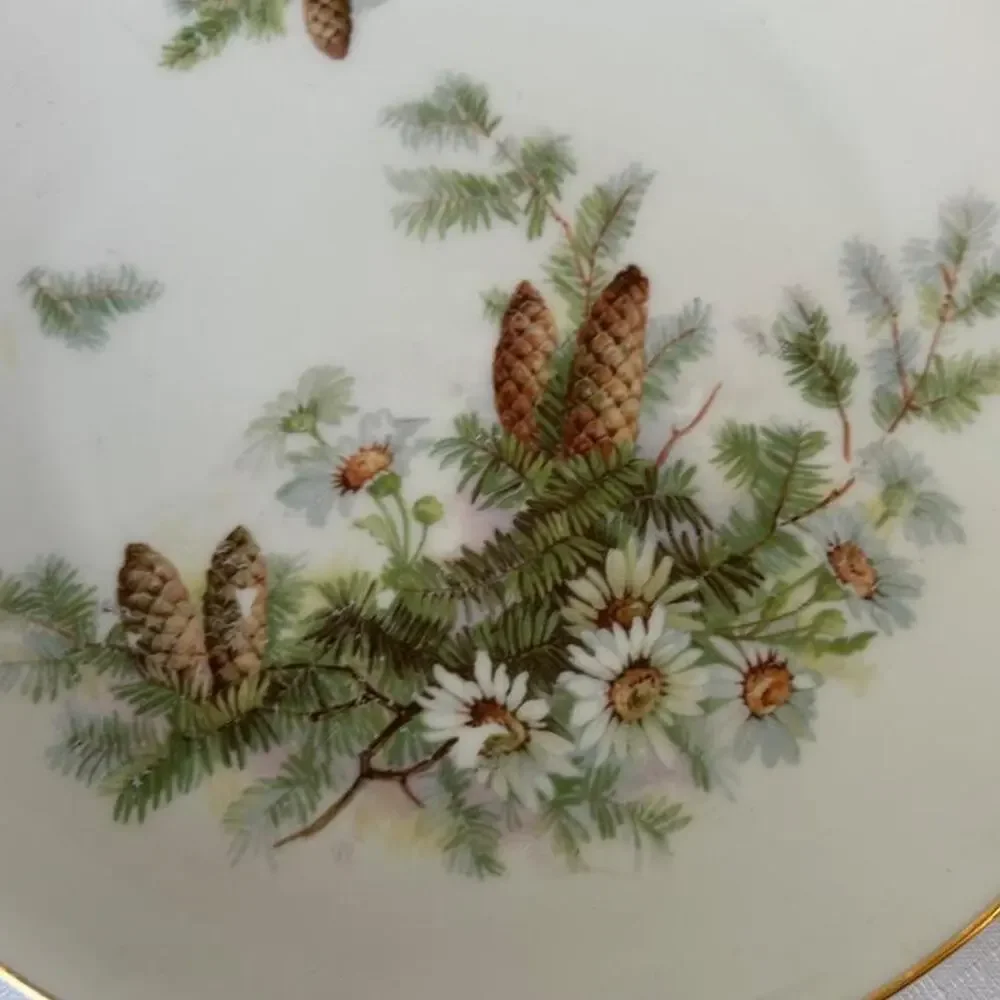 Vintage decorative gold rimmed plate w pine boughs, pinecones, & daisies winter